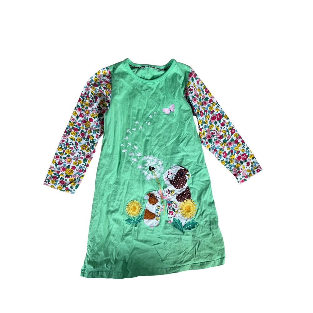 Girls Green Cotton Guinea Pig Dandelion Floral Long Sleeve Dress Size 7Y